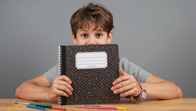 Curious schoolboy peeking over spiral notebook at desk with colored pencils and red watch