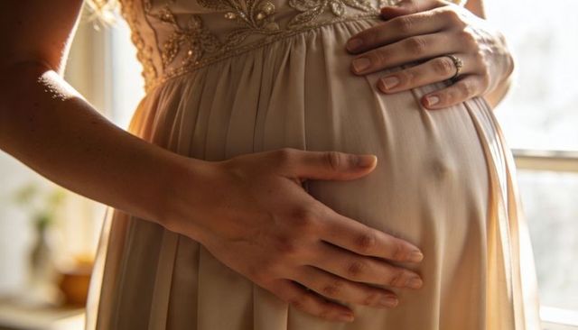 Cradling pregnant belly in embellished cream gown by window with warm sunlight and wedding ring