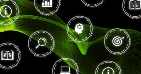 Neon Green Tech Icons on Dark Abstract Background