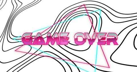 Retro neon GAME OVER magenta 3D text with cyan-pink wireframe, synthwave gradient
