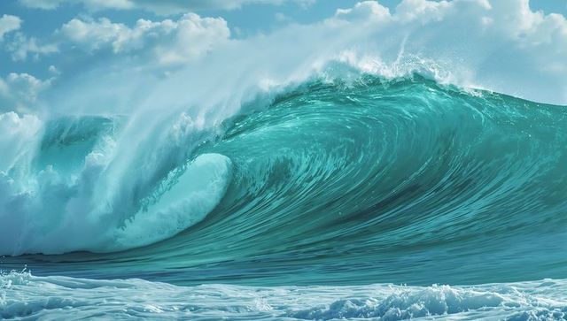 Majestic Breaking Ocean Wave with Foam and Clouds