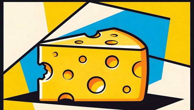 Bold pop art swiss cheese wedge featuring geometric color blocks and oversized holes