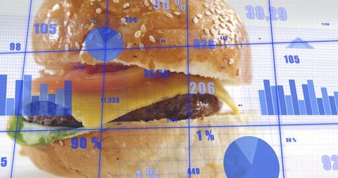 Cheeseburger cross-section with blue data overlay, charts and analytics