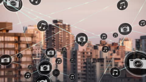Digital Network and Media Icons Over Urban Skyline