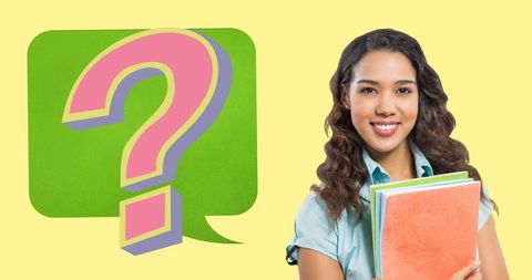 Smiling female student holding textbooks and question bubble