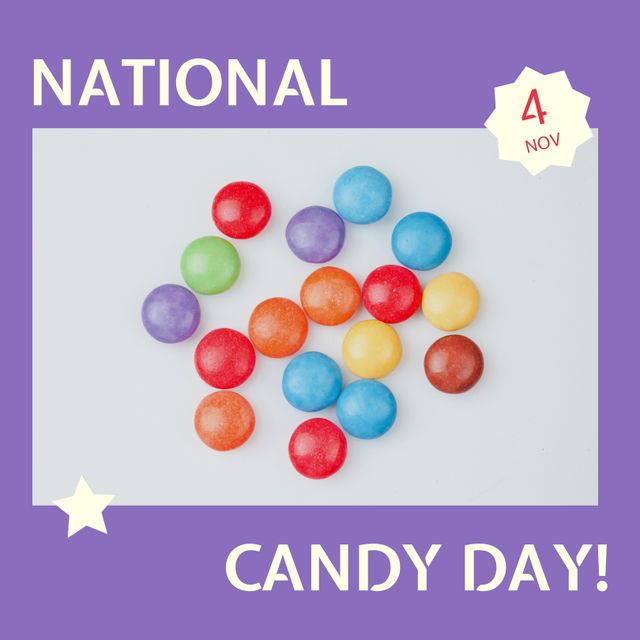 Bright image with an assortment of colorful candies arranged on a white background, accompanied by National Candy Day text for November 4. Ideal for festive promotions, confectionery advertising, social media posts, and celebration invitations.