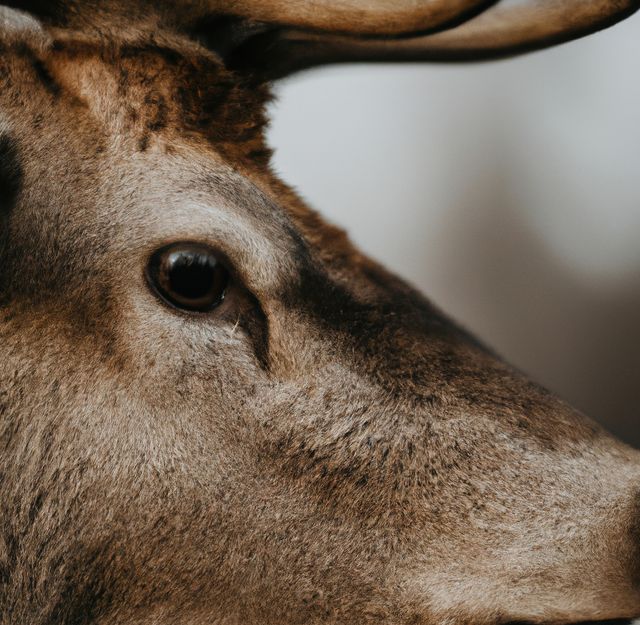 Image of close up of side view of stag with antlers on grey background. Animals, wildlife and nature concept.