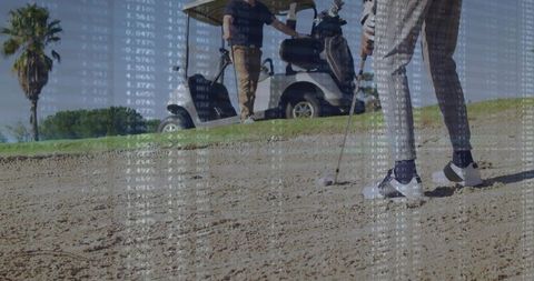 Golfer in Action in Bunker with Data Overlay