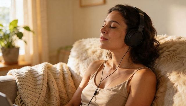 Woman relaxing on sofa listening to music with headphones and cozy knit blanket