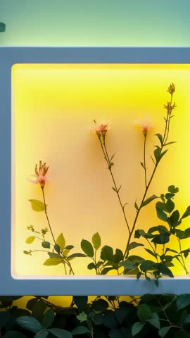 Vertical LED panel shifting pink to yellow while casting glow and accenting floral stems