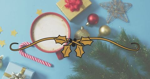 Cozy holiday mug with candy cane and christmas decorations