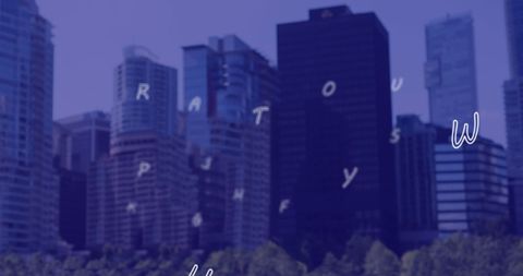 Abstract Flying Letters Over Modern City Skyline