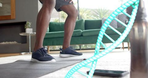Performing home squat on mat with dna helix overlay for personalized fitness and genetics