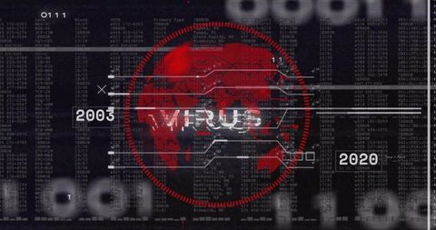 Red Digital Globe Targeting Virus Data Overlay Showing Pandemic Timeline 2003-2020 HUD