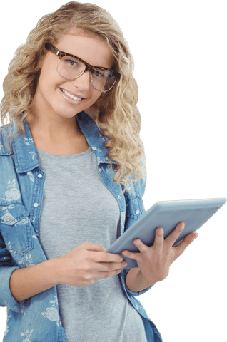 smiling woman with glasses holding digital tablet transparent background - Download Free Stock Videos Pikwizard.com