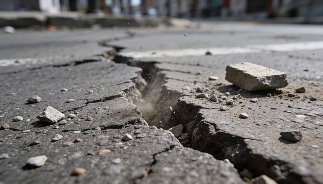 Jagged asphalt fissure splitting urban road with flying dust, gravel and concrete debris