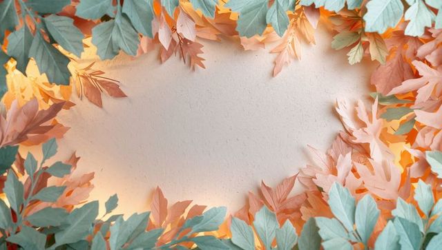 Framing pastel paper foliage with warm backlight surrounding textured beige paper panel