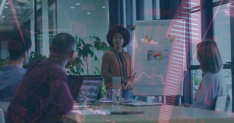 Business leader presenting company growth with stock data overlay