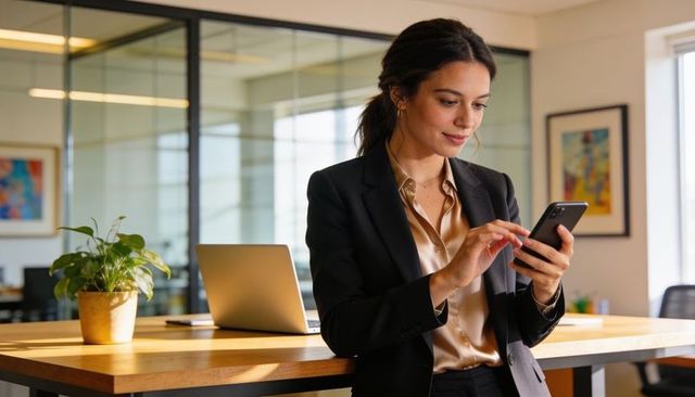 Professional businesswoman checking smartphone at modern glass-walled office desk