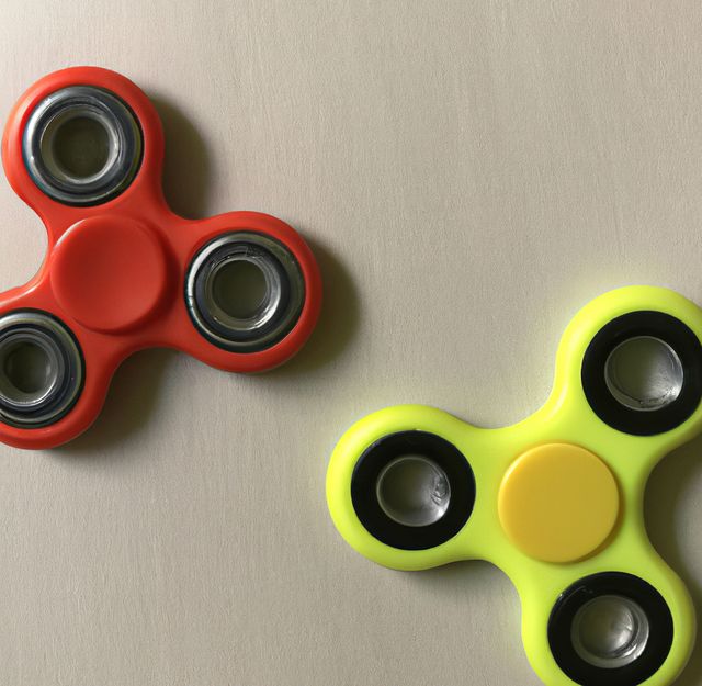 Image of close up of red and yellow fidget spinner on grey background. Playing object and toy concept.