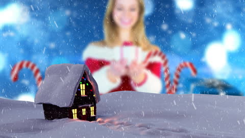 Winter Scene with Snow-Covered House and Candy Cane Decor