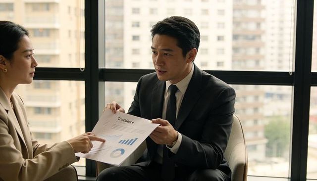 Executives Reviewing Financial Report with Charts in Modern Office Lounge, City Skyline