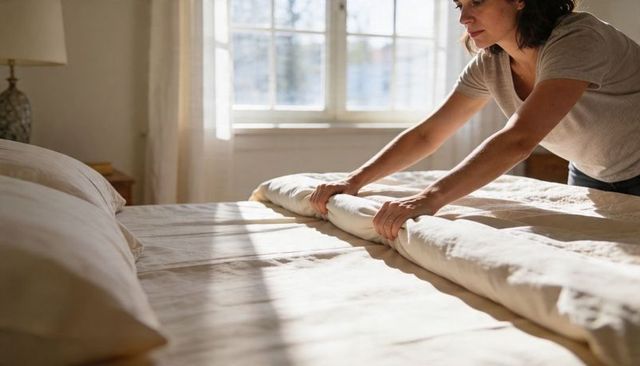 Woman making bed in sunlit minimalist bedroom rolling linen duvet morning routine