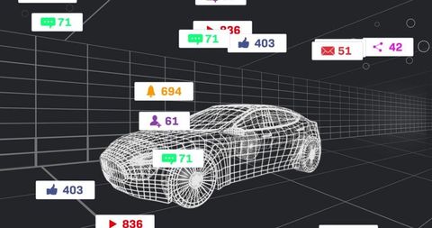 Futuristic Wireframe Car with Floating Social Media Metrics