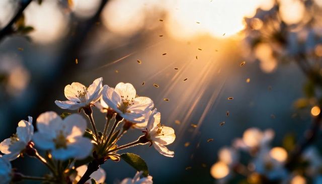 Sunlit White Blossom Cluster Showing Floating Pollen and Golden Backlight Rays at Sunrise
