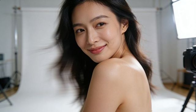 Smiling woman turning over shoulder in studio portrait with softbox glamour lighting