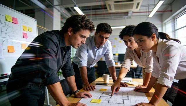 Multidisciplinary team examining architectural blueprint and pointing during design review