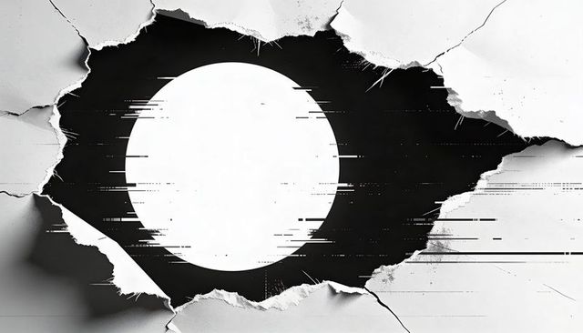 Revealing glitching white disc through torn paper over black void minimal monochrome