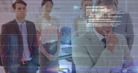 Team Analyzing Data Code Overlay Reflecting Business Strategy