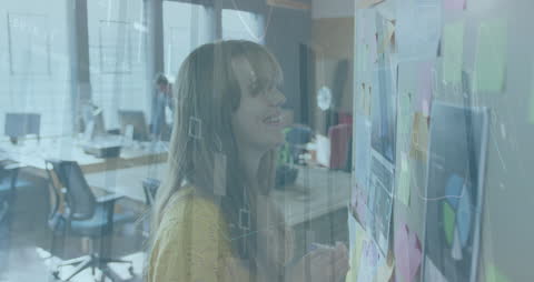 Smiling Woman Using Tablet with Virtual Data Interface