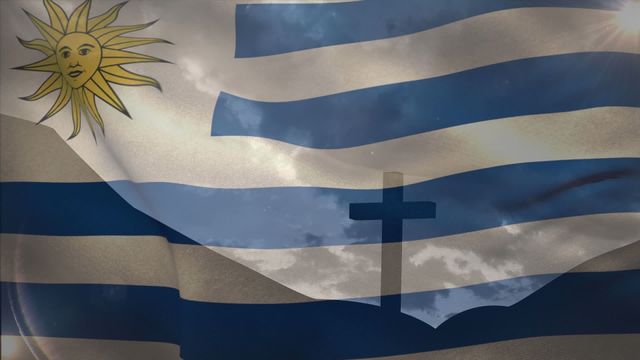 This animation presents the flag of Uruguay with a transparent overlay of a Christian cross. The interplay of national symbols and religious elements underscores themes of faith, tradition, and national identity. Ideal for use in cultural presentations, educational materials about Uruguay, spiritual events, and social media posts discussing the intersection of religion and national symbols.