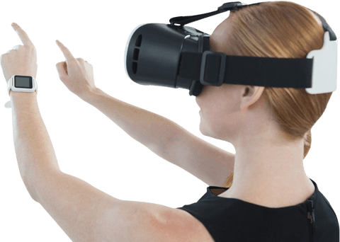 Female using a virtual reality headset demonstrates futuristic interaction with digital interfaces while pointing an index finger forward. Wearing smartwatch emphasizes close relationship between advanced technologies and daily life. Ideally used for illustrating articles on virtual reality applications, technological innovation, or customer experience design.
