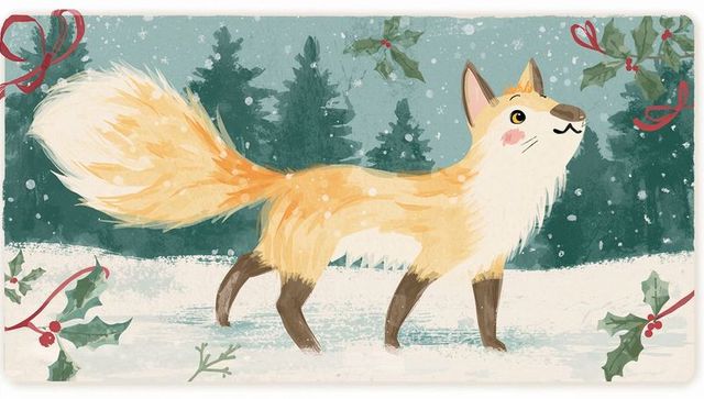 Golden fox walking through snowy forest with holly sprigs and red ribbons, watercolor