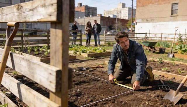 Man measuring garden beds in urban community garden planning raised beds for planting