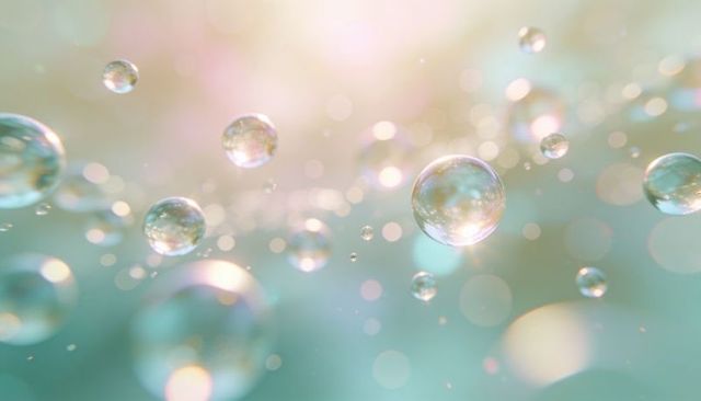 Opalescent floating droplets and soap bubbles with iridescent bokeh teal glow
