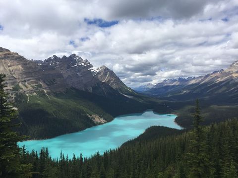 Scenic View of Turquoise Lake Surrounded by Mountains