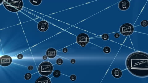 Digital Network Interface with Connectivity Icons and Light Trails
