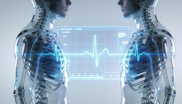 Transparent human torsos showing skeletons with holographic ecg monitor and blue traces