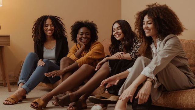 Four women laughing on sofa in warm living room wearing blazers and casual shoes