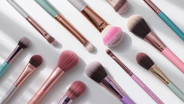 Pastel luxury makeup brushes flatlay rose gold ferrules soft bristles and studio lighting