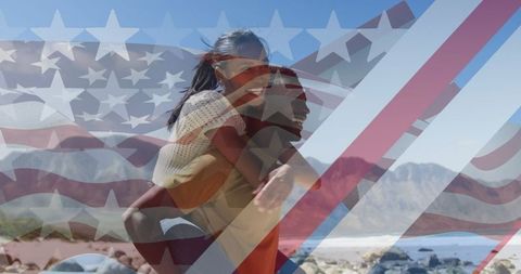 Patriotic Overlap with Smiling Couple and Majestic Landscape