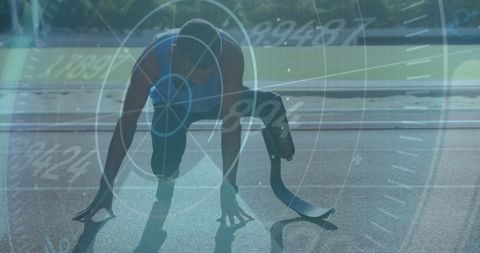 Athlete with prosthetic limb on track with data overlay