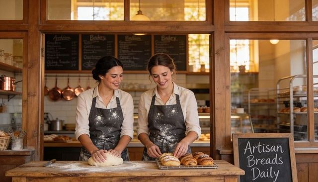 Two female bakers kneading dough and arranging pastries in rustic sunlit artisan bakery
