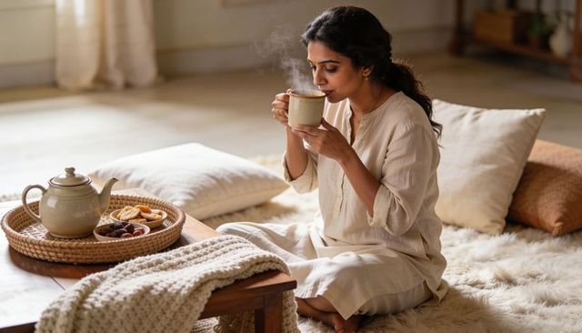 Woman sipping steaming tea in beige kurta on cozy rug with teapot and knit throw