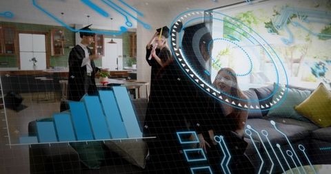 Graduates celebrating in modern living room with augmented reality HUD overlay