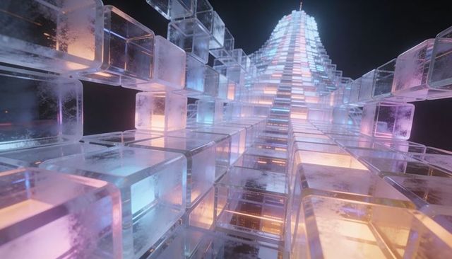 Glowing translucent cube tower rising toward vanishing point with pastel neon lighting